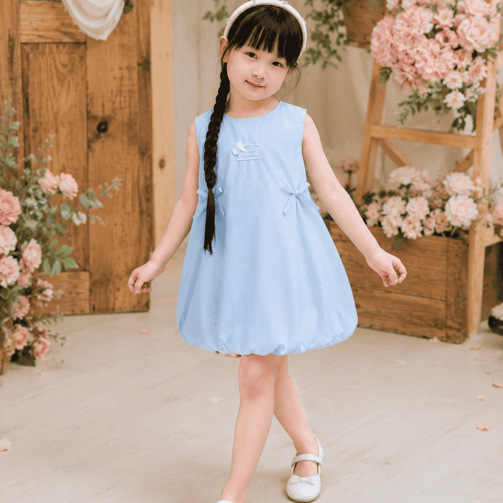 Váy bé gái dáng bí sát nách màu xanh pastel đính nơ, đầm trẻ em vải cotton mềm mại, váy mùa hè cho bé S21