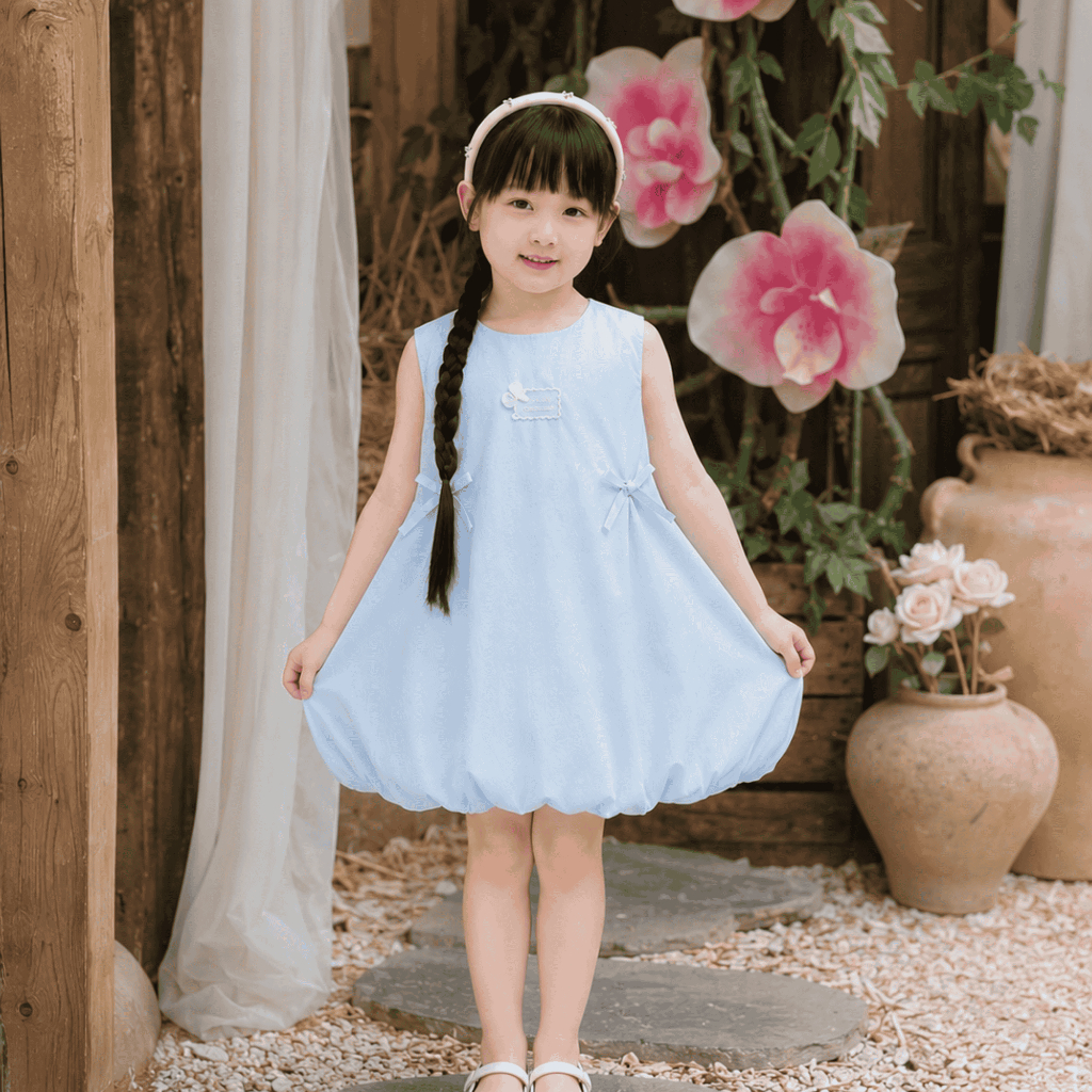 Váy bé gái dáng bí sát nách màu xanh pastel đính nơ, đầm trẻ em vải cotton mềm mại, váy mùa hè cho bé S21