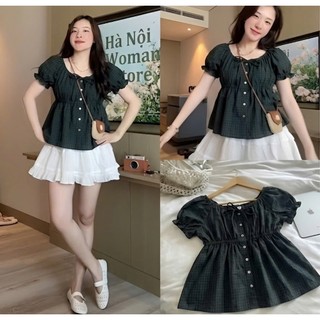 Áo BabyDoll SAIGONESE Hoạ Tiết Caro Chiết Eo Linen Xước Kiều Tay Phồng Dáng Nữ