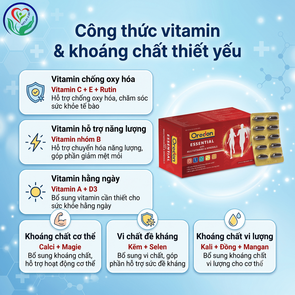 Oredon Essential hộp 60 viên bổ sung vitamin khoáng chất, hỗ trợ đề kháng, giảm mệt mỏi