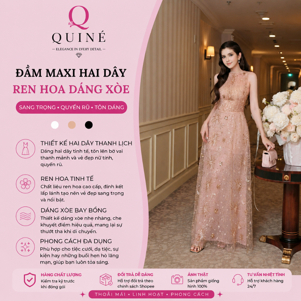 Đầm Maxi Hai Dây Ren Hoa Dáng Xòe Cao Cấp - Váy Maxi Tiểu Thư Thanh Lịch Tôn Dáng Đi Biển Dự Tiệc Cho Nữ