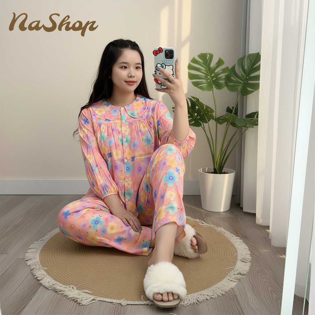 Đồ bộ mặc nhà Quần dài Áo cổ sen tay lỡ Chất vải tôn lanh mềm mát mịn Đủ Size 40-75kg NaShop