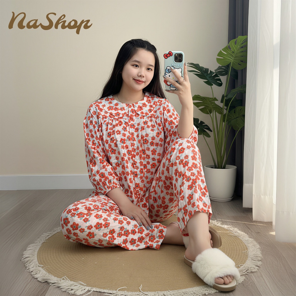 Đồ bộ mặc nhà Quần dài Áo cổ sen tay lỡ Chất vải tôn lanh mềm mát mịn Đủ Size 40-75kg NaShop