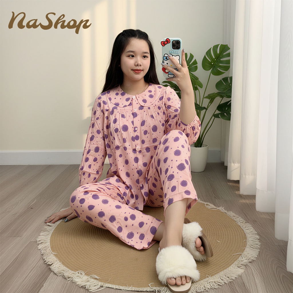 Đồ bộ mặc nhà Quần dài Áo cổ sen tay lỡ Chất vải tôn lanh mềm mát mịn Đủ Size 40-75kg NaShop
