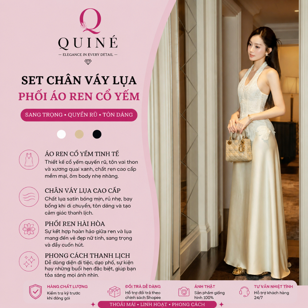 Set Chân Váy Lụa Phối Áo Ren Cổ Yếm Thiết Kế Họa Tiết Cao Cấp - Set Tiểu Thư Sang Trọng Tôn Dáng Cho Nữ