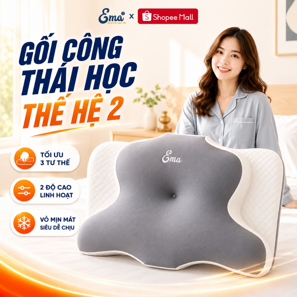 Gối Công Thái Học EMA Thế Hệ Thứ 2 - Chống Đau Cổ Vai Gáy, Chống Ngủ Ngáy, Hỗ Trợ Ngủ Nhanh