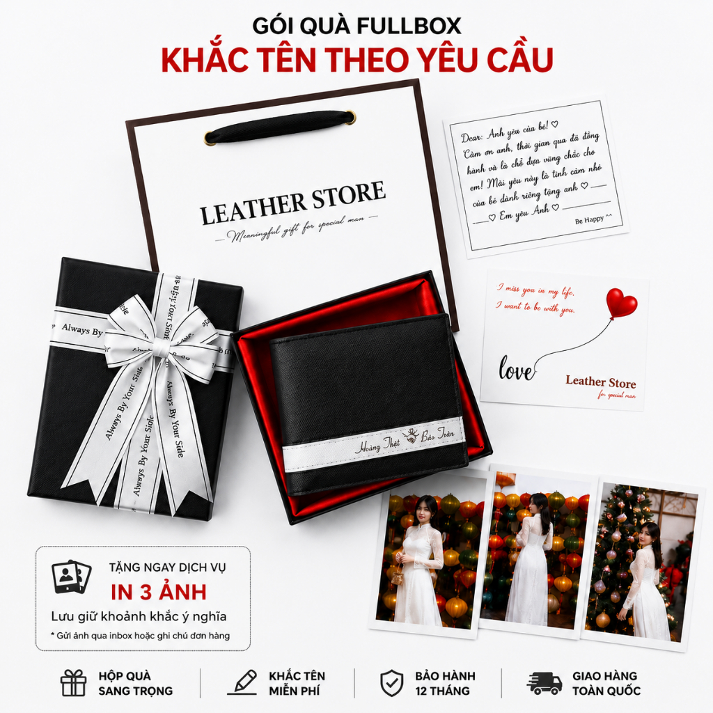 [ FullBox Đã Gói Quà ] Ví Nam Bóp Nam Khắc Tên YC Da Bò thật Saffiano Tặng Hộp Nơ Túi Thiệp Ý Nghĩa
