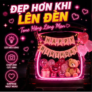 Set Trang Trí Sinh Nhật Cốp Xe Ô Tô LED Hồng Happy Birthday.Decor Cốp Xe Sinh Nhật Lãng Mạn. SNOT-12