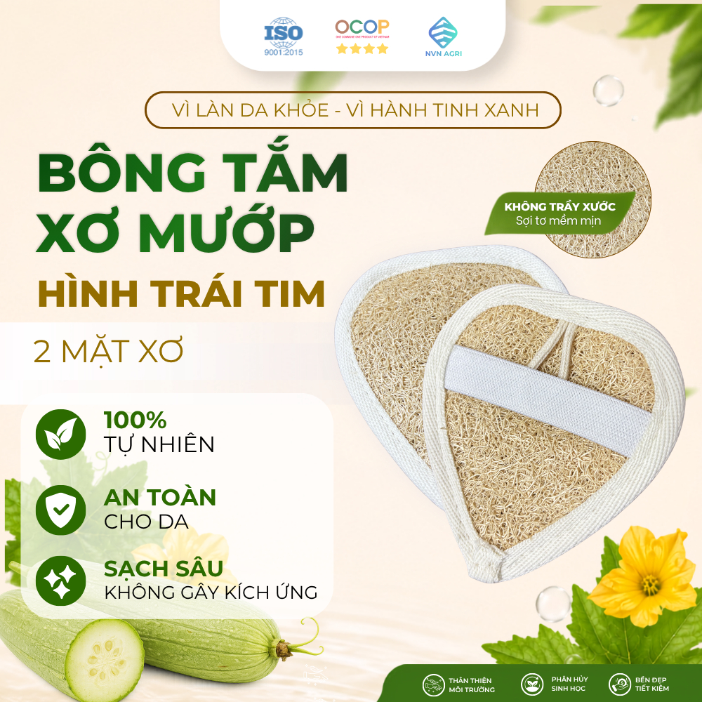 Bông Tắm Xơ Mướp Trái Tim 2 Mặt Xơ 100% Tự Nhiên Làm Sạch Da Bông Tẩy Tế Bào Chết Mát Xa Thân Thiện Môi Trường