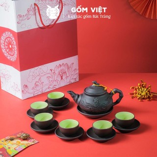 Bộ ấm chén tử sa đất nung dáng trúc to, khắc chìm màu đỏ, đen dung tích 350ml - Gốm sứ Bát Tràng - Gốm Việt