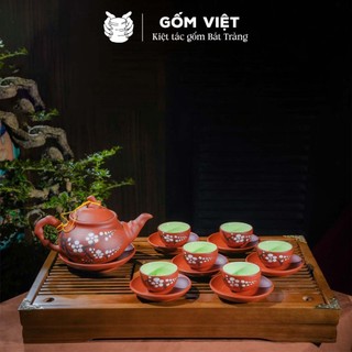 Bộ ấm chén tử sa đất nung dáng trúc to, khắc chìm màu đỏ, đen dung tích 350ml - Gốm sứ Bát Tràng - Gốm Việt