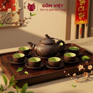 Bộ ấm chén tử sa đất nung dáng trúc to, khắc chìm màu đỏ, đen dung tích 350ml - Gốm sứ Bát Tràng - Gốm Việt