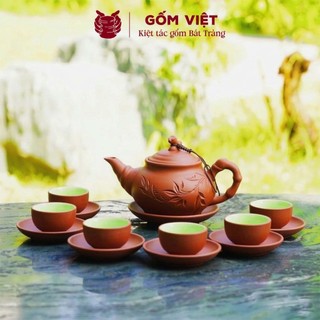 Bộ ấm chén tử sa đất nung dáng trúc to, khắc chìm màu đỏ, đen dung tích 350ml - Gốm sứ Bát Tràng - Gốm Việt