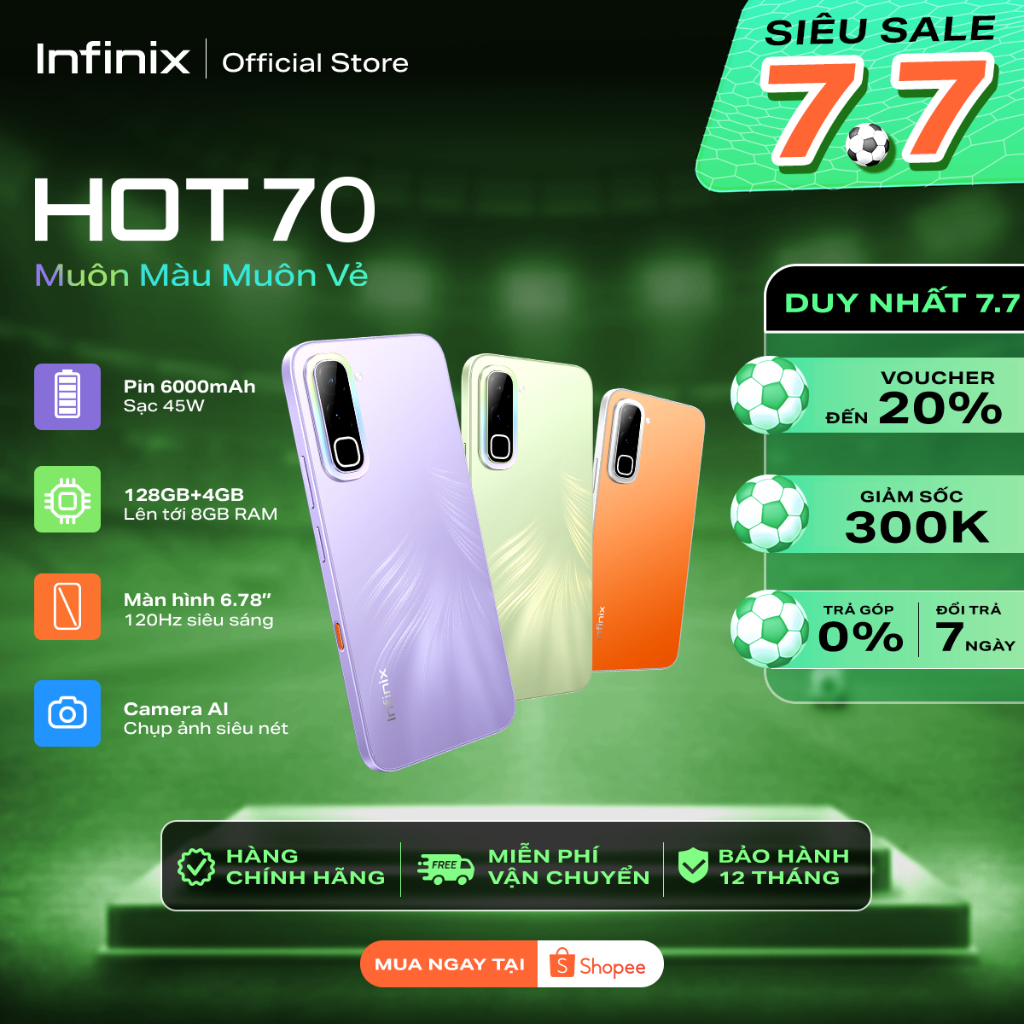 [CHÍNH HÃNG] Infinix HOT 70 (4+4GB/128GB) điện thoại - Màn Hình Lớn, Pin Bền, Hiệu Năng Mượt Bộ Nhớ Lớn, Bảo Hà