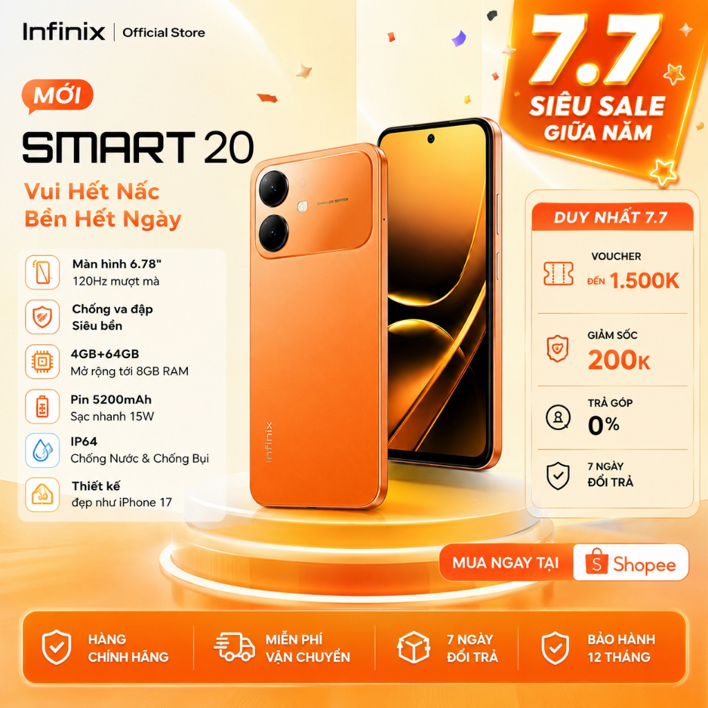 Điện thoại Infinix SMART 20 (4+4GB/128GB) | Màn hình 120Hz | Helio G81 Ultimate | Pin 5200mAh | BH 12T