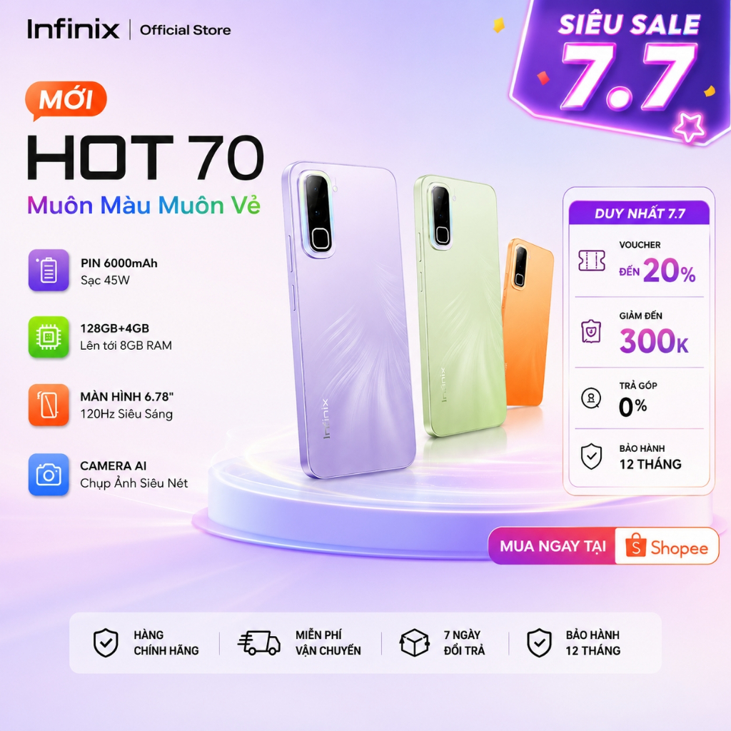 Infinix HOT 70 (4+4GB/128GB) điện thoại Chính Hãng - Màn Hình Lớn, Pin Bền, Hiệu Năng Mượt Bộ Nhớ Lớn, Bảo Hành 12 Tháng