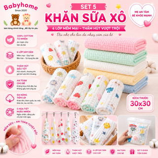 [ Set 5_B1] Khăn Xô Sữa cho bé 6 lớp, khăn nhăn mềm mại nhiều họa tiết dễ thương