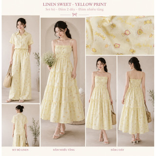 Vải Linen Cotton Vàng Chanh In Hoạ Tiết Baby Mềm Rũ Phồng Nhẹ Khổ 1m45