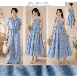 Vải Linen Bột Xanh Biển Dệt Ô Caro Mềm Rũ Khổ 1m40