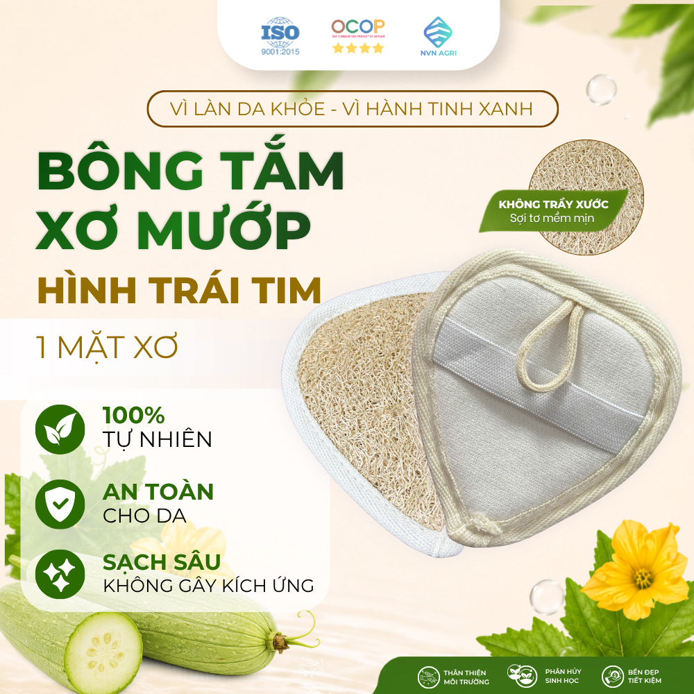 Bông Tắm Xơ Mướp Trái Tim 1 Mặt Xơ 100% Tự Nhiên Làm Sạch Da Bông Tẩy Tế Bào Chết Mát Xa Thân Thiện Môi Trường