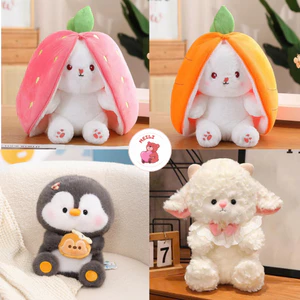 Gấu Bông Nhỏ Hình Thỏ Lốt Dâu 2 Trong 1, Vải Mềm Mịn, Nhập Khẩu, Quà Tặng Dễ Thương MEILI