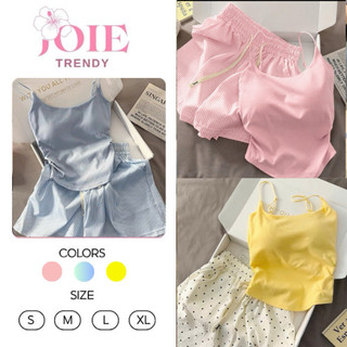 Bộ đồ ngủ nữ JOIE TRENDY áo 2 dây kèm đệm ngực, Set mặc nhà có sẵn mút ngực tiện lợi quần đùi sọc dọc tôn dáng