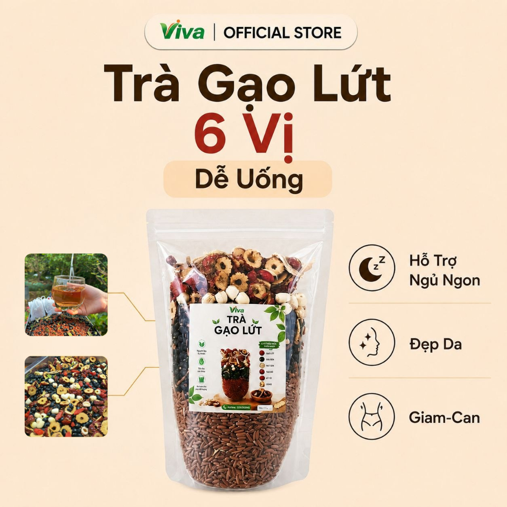 [Bán Băng Uy Tín | Tặng Thêm] Trà Gạo Lứt 6 Vị - Đậu Đen Hạt Sen Táo Đỏ Kỷ Tử Gừng Rang Thủ Công Thơm Dễ Uống - Viva Trà