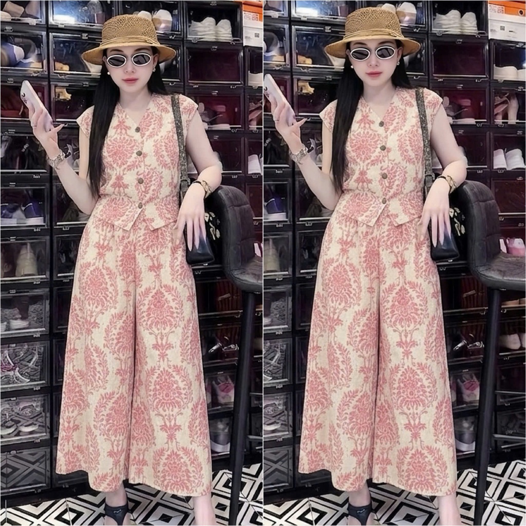 HT50, Sét áo tay rơi, quần ống rộng giả váy. Sét chất voan lụa đủ size 40-70kg.