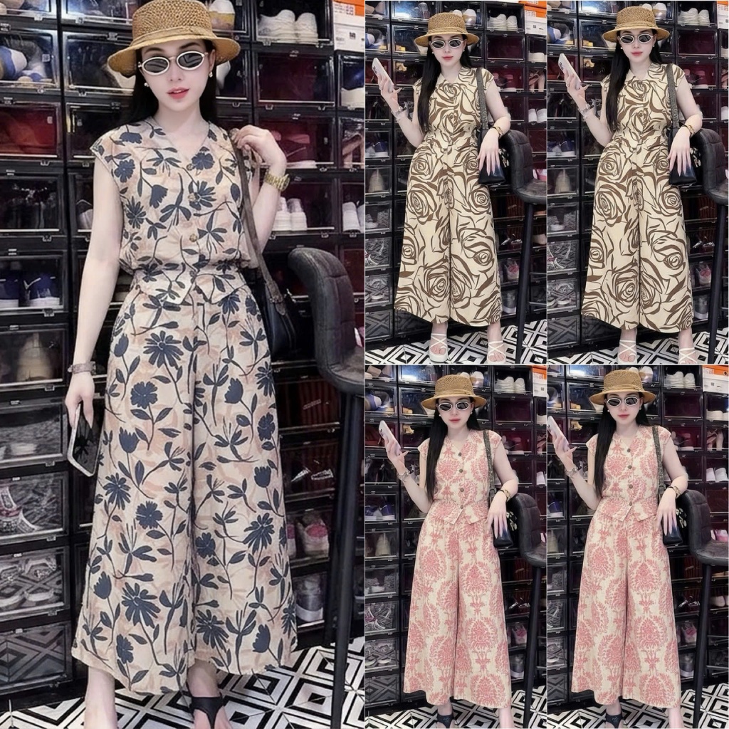 HT50, Sét áo tay rơi, quần ống rộng giả váy. Sét chất voan lụa đủ size 40-70kg.