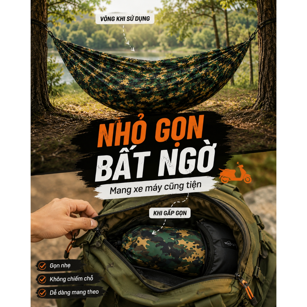 Võng Rằn Ri Dù Bền Nhẹ – Võng Dã Ngoại Đi Phượt Gấp Gọn, Võng Ngủ Trưa Tiện Lợi