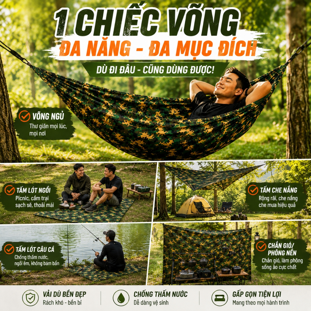 Võng Rằn Ri Dù Bền Nhẹ – Võng Dã Ngoại Đi Phượt Gấp Gọn, Võng Ngủ Trưa Tiện Lợi