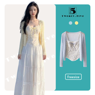 Set áo 2 dây hoa nhí kèm áo khoác ngoài, set áo thắt nơ ngực tiểu thư, trẻ trung Twentyfive Fashion 6893 - 6871