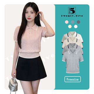 Áo Mongtoghi Nữ Twentyfive Cổ Polo Phối Viền Màu, Áo Dệt Kim Ngắn Tay Tay Bồng Tiểu Thư Sang Chảnh 7261