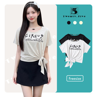 Áo Thun Nữ Twentyfive Tay Ngắn In Chữ Buộc Nơ Eo Basic Hàn Quốc Trẻ Trung Dễ Phối Đồ 7329