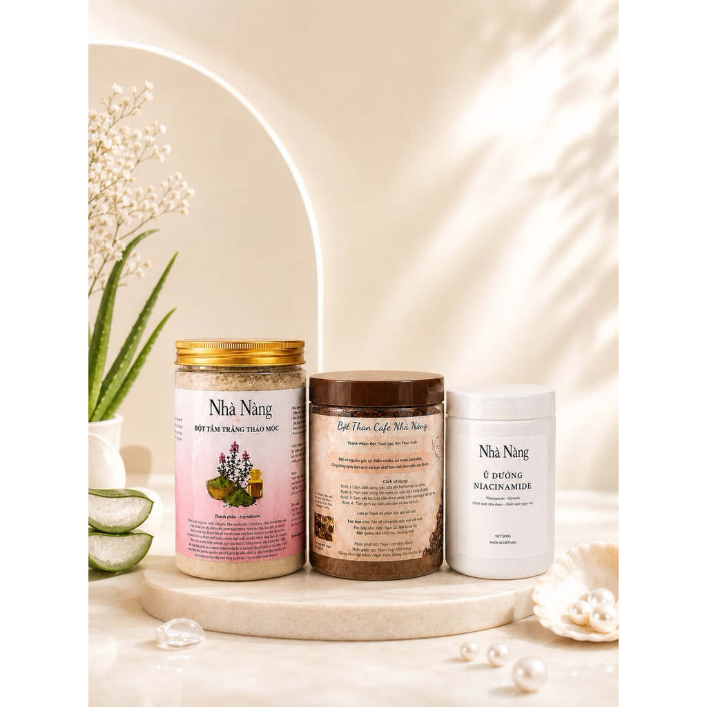 Combo 3 sản phẩm dưỡng sáng da bột than cafe ,bột tắm trắng thảo mộc , ủ dưỡng niacinamide