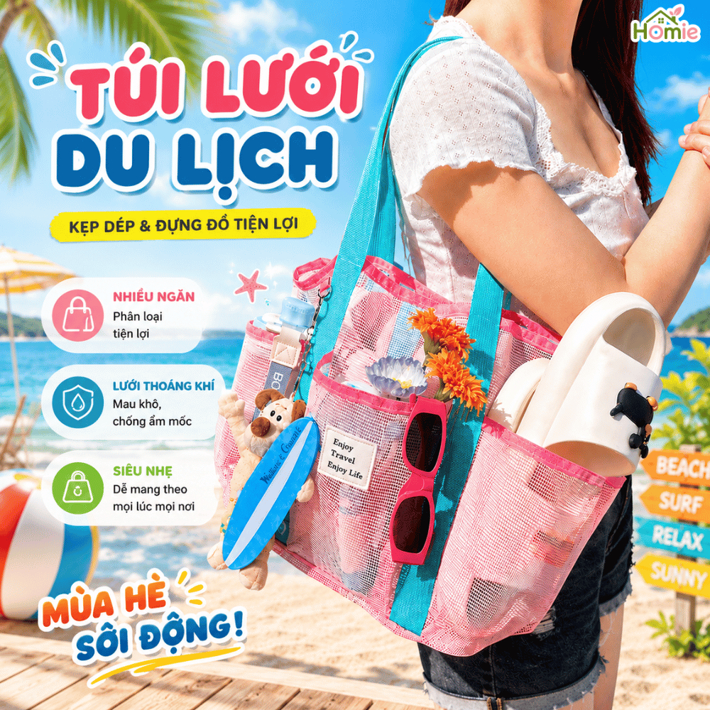 Túi Lưới Du Lịch Đa Năng Nhiều Ngăn Form To HOMIE, Túi PVC Siêu Nhẹ Chống Thấm Đi Biển, Đi Bơi