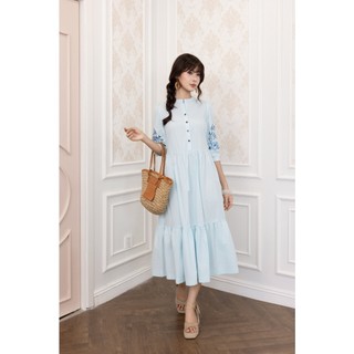 SWANLAKE | Váy Đầm Nữ Maxi Đuôi Cá Xòe Vải Cotton Tay Lỡ Thêu Hoa Cổ Trụ Cài Nút Công Sở D13567