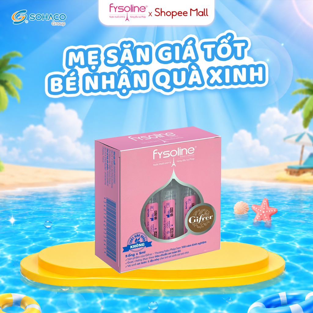 (Date T1.2027) Nước muối sinh lý Pháp Fysoline, Hộp 5 ống 5ml vệ sinh mắt, mũi, miệng cho bé sơ sinh
