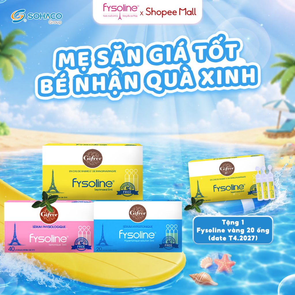 Combo Nước muối sinh lý FYSOLINE Hồng 40 ốngx5ml, Xanh 20 ốngx5m và Vàng 20 ốngx5ml (Date T4.2027)