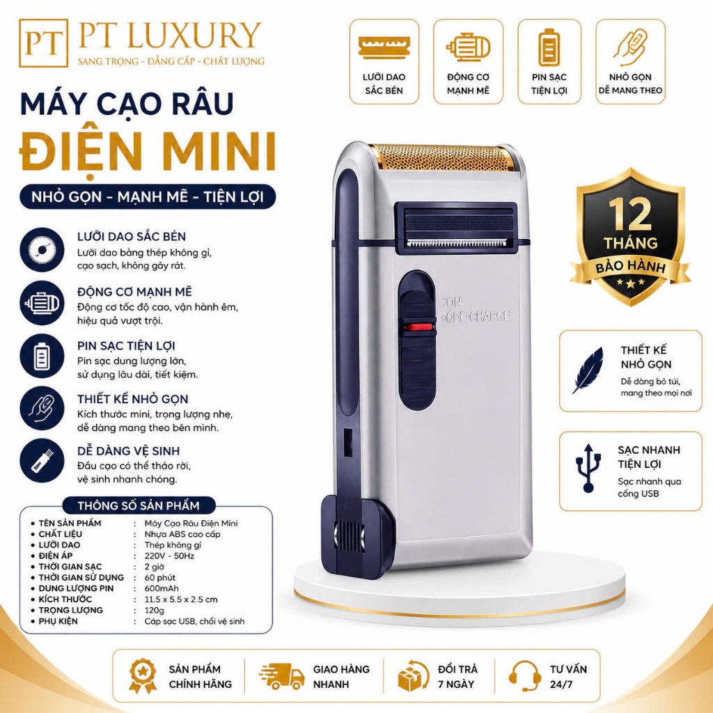 Máy cạo râu PTLUXURY sạc điện nhỏ gọn, chắc chắn tặng kèm hộp đựng [ Hàng Tốt ]