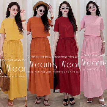 Sét Váy Dạo Phố Linen Cotton LEOSWEARING Thiết Kế Cổ Tròn, Đính Nút Hai Bên Áo Kèm Chân Váy Tầng Dài G389