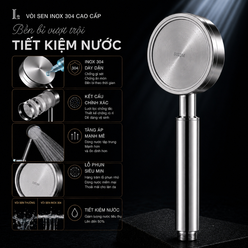 Vòi sen tăng áp LUX Inox 304, tay sen cao cấp chống gỉ, áp lực nước mạnh cho nhà tắm