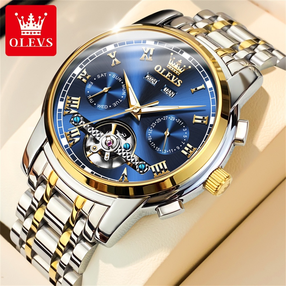 OLEVS Đồng hồ cơ Nam Chính hãng dây đeo bằng thép không gỉ Lịch Chống nước Đa chức năng Quà 6607