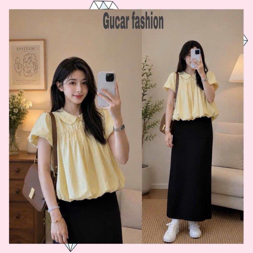 (ẢNH GUCAR) Áo babydoll gió su mềm cổ sen dáng bí tay bồng hàng loại 1