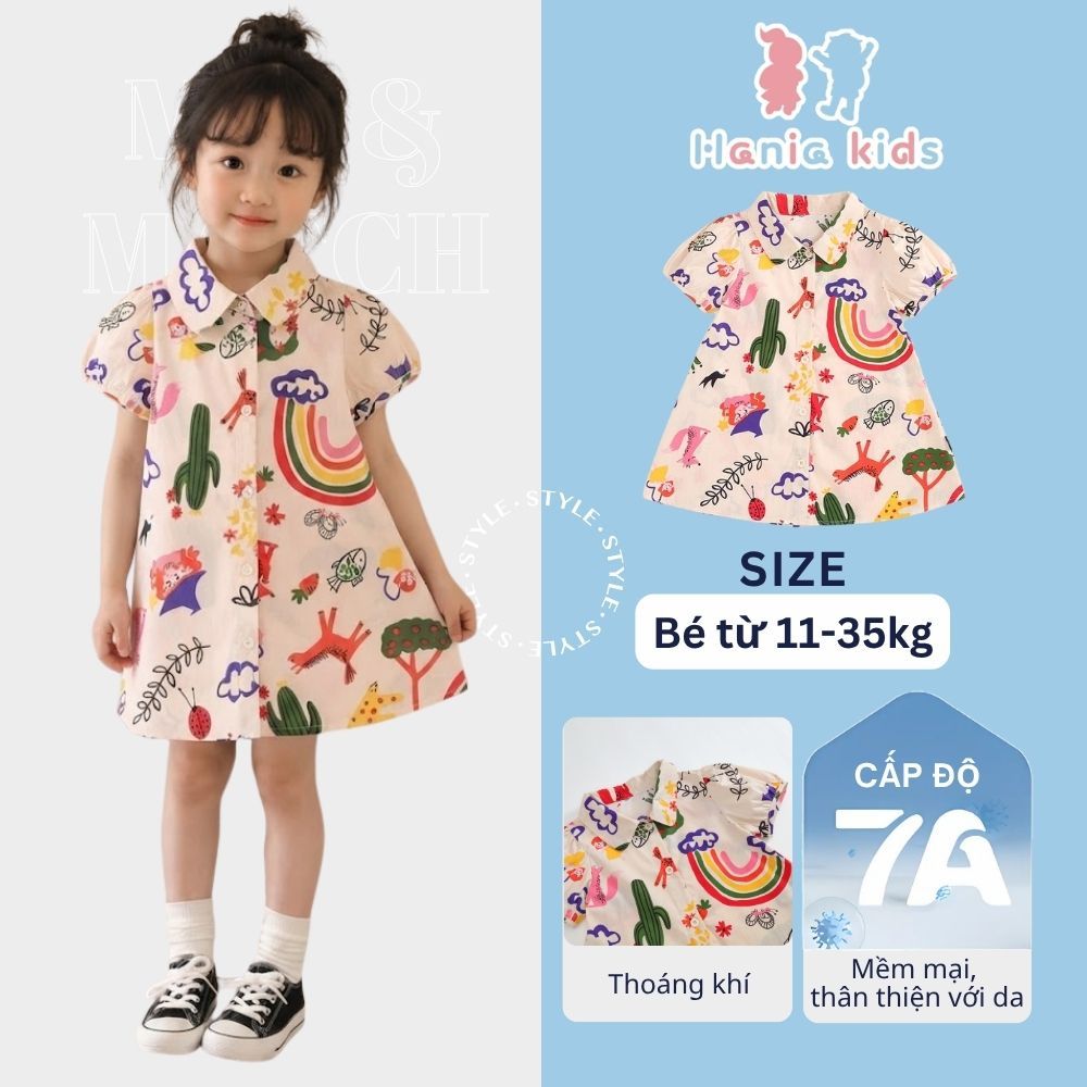 Váy Cho Bé Gái HANIA KIDS, Váy Sơ Mi Họa Tiết Dễ Thương Chất Liệu Thô Mềm Mại