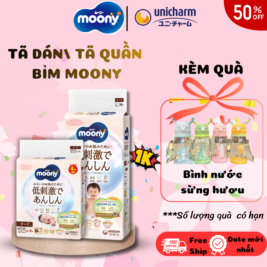 [MUA BỈM TẶNG QUÀ] Tã dán/Tã Quần Moony Natural cao cấp - Size NB62/S58/M46/L36/L38/XL32