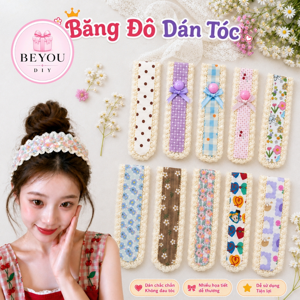 Băng Đô Dán Tóc Mái Velcro Magic Viền Ren Hoa Nhí Cute, Miếng Dán Tóc Giữ Tóc Gọn Khi Makeup Rửa Mặt
