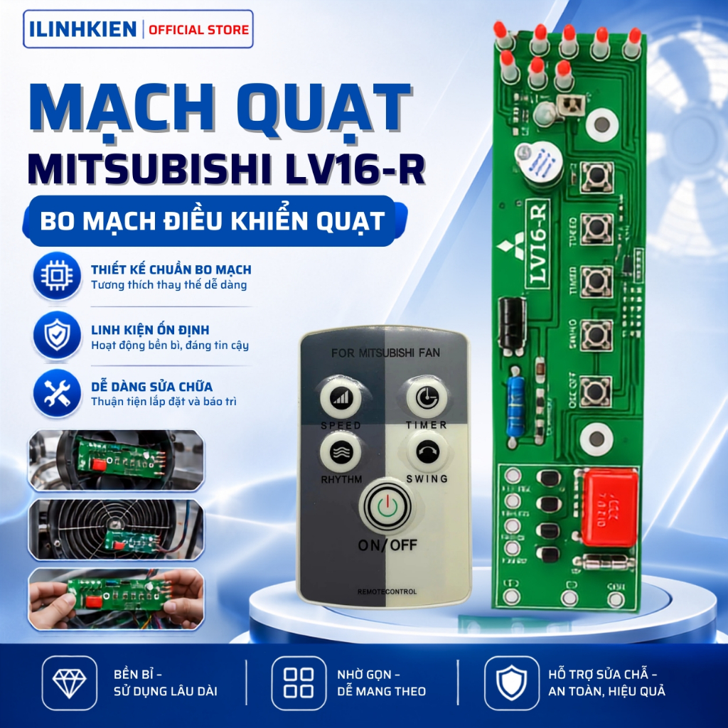 Mạch quạt Mitsubishi LV16-R đứng, mạch quạt cây điều khiển từ xa chính hãng ilinhkien