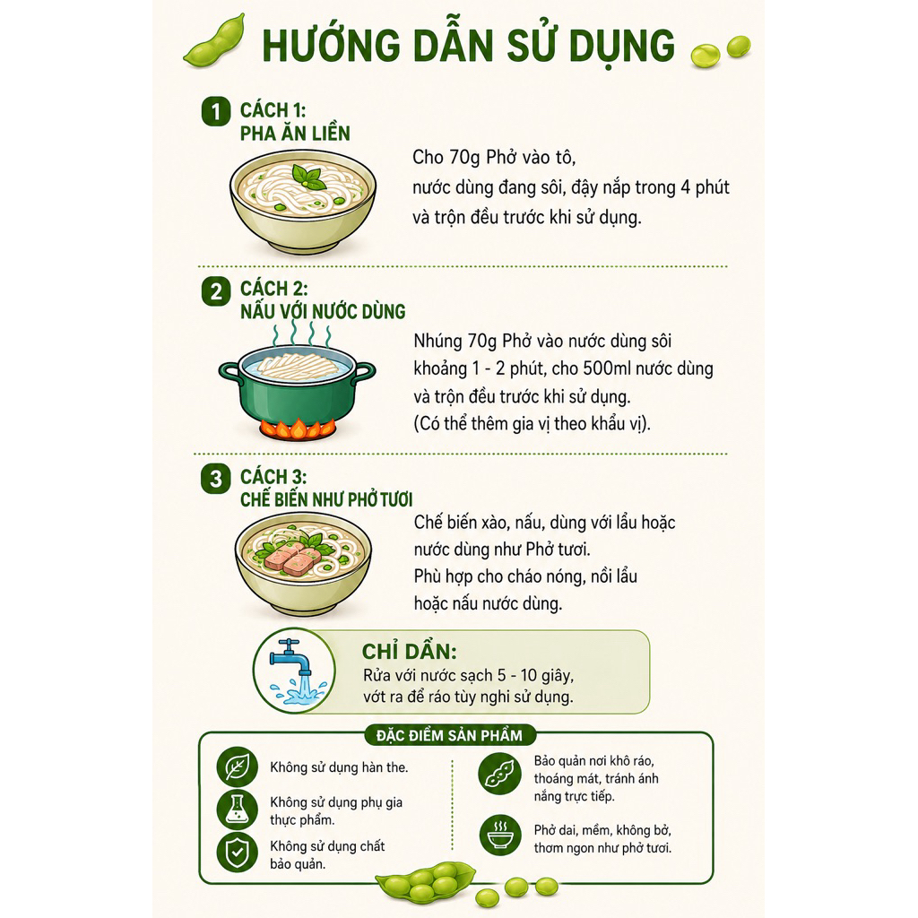 PHỞ GẠO ĐẬU XANH NHÂN NHẤT - Phở tươi sấy khô ăn liền gói 350G, sợi dai ngon thơm mát, không phụ gia