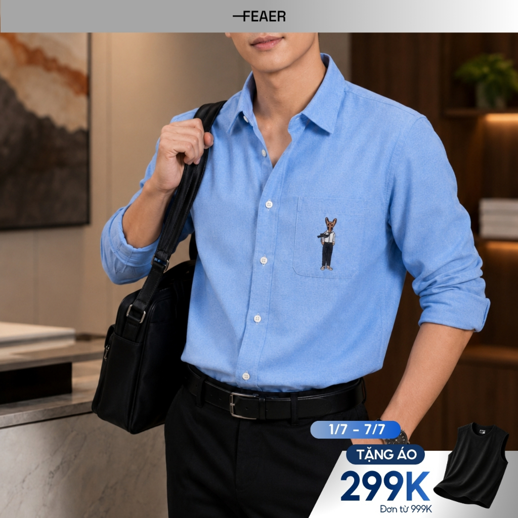 ÁO sơ mi SWAG tay dài form chuẩn, điểm nhấn patch trắng sau lưng, thêu nhân vật tinh tế, vải Oxford chuẩn hè - FEAER
